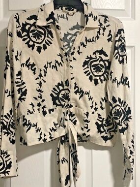 Christian Siriano Linen Blend Tie Front Blouse Womens M White Black Abstract